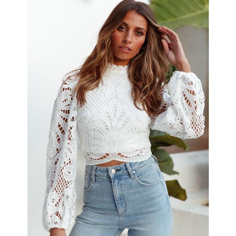 Elegant Women&#39;s Long Sleeve Lace Blouses Tops White Crochet Hollow Out Turtleneck Stylish Cropped Shirts Female Pullovers 16296 - Canlaa