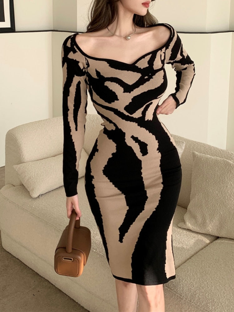 Winter Women Abstract Colorful Print Knitting Dresses Sexy Slim Tiger Stripe High Stretch Autumn Knitted Sweater Pencil Dress - Canlaa