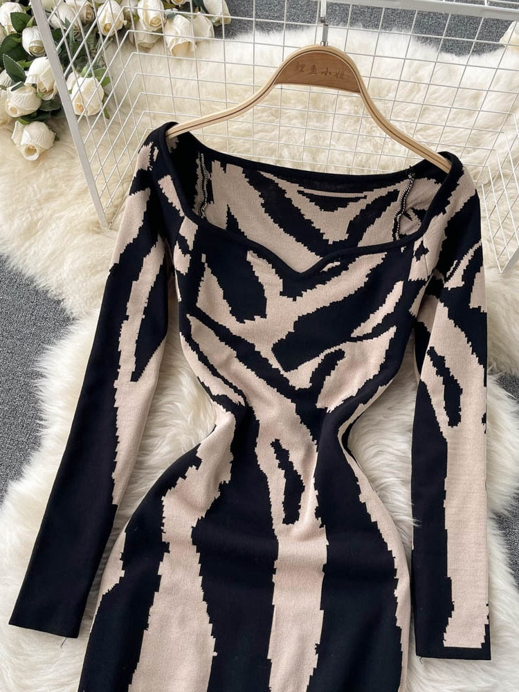 Winter Women Abstract Colorful Print Knitting Dresses Sexy Slim Tiger Stripe High Stretch Autumn Knitted Sweater Pencil Dress - Canlaa