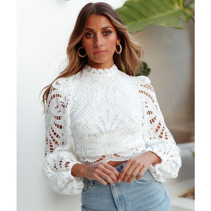 Elegant Women&#39;s Long Sleeve Lace Blouses Tops White Crochet Hollow Out Turtleneck Stylish Cropped Shirts Female Pullovers 16296 - Canlaa