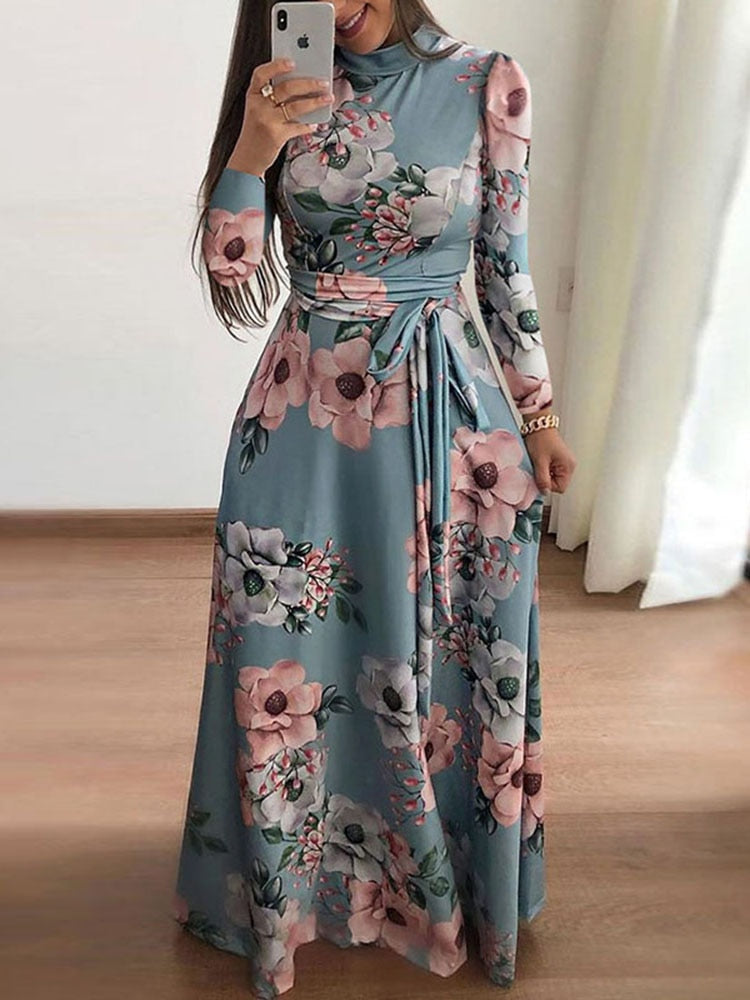 Women Summer Long Dress 2022 Casual Long Sleeve Boho Floral Print Maxi Dress Turtleneck Bandage Elegant Party Dresses Vestidos - Canlaa