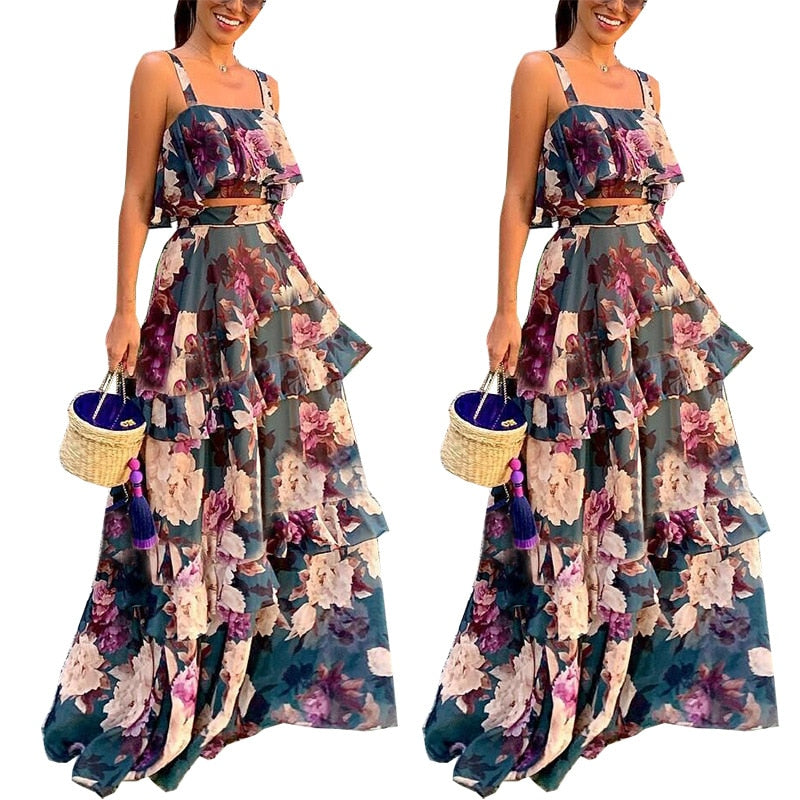 Women Summer Sexy Cake Skirt Sling Crop Top+Maxi Long Skirt Casual Floral Printed Ruffled High Waist Two Piece Set 2022 New - Canlaa