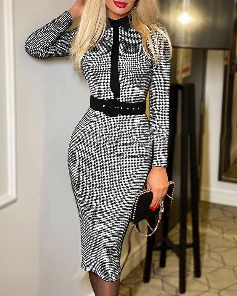 Fashion Polka Dot Print Bodycon Dresses for Women V-Cut Long Sleeve High Waist Office Work Dress Elegant Party Clothes With Belt - Canlaa