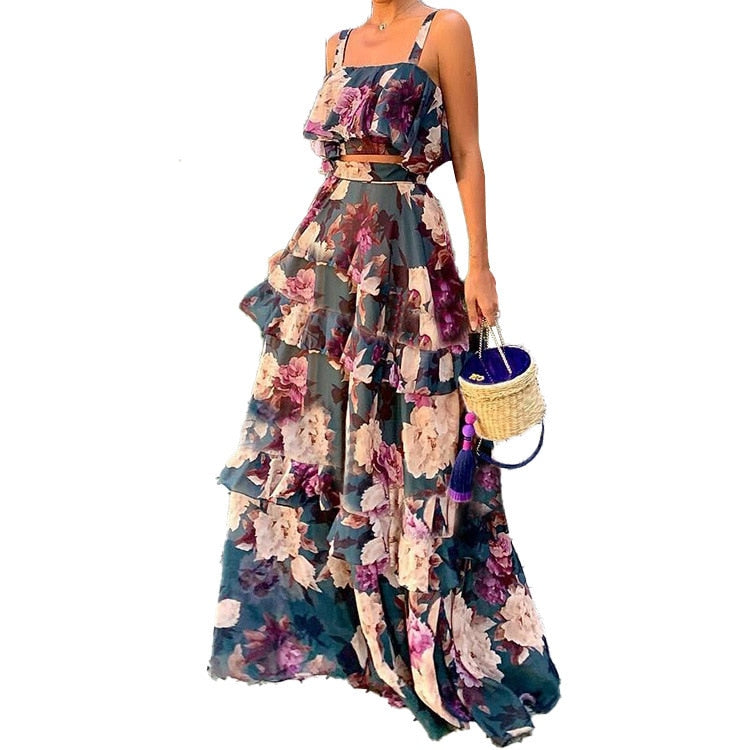 Women Summer Sexy Cake Skirt Sling Crop Top+Maxi Long Skirt Casual Floral Printed Ruffled High Waist Two Piece Set 2022 New - Canlaa