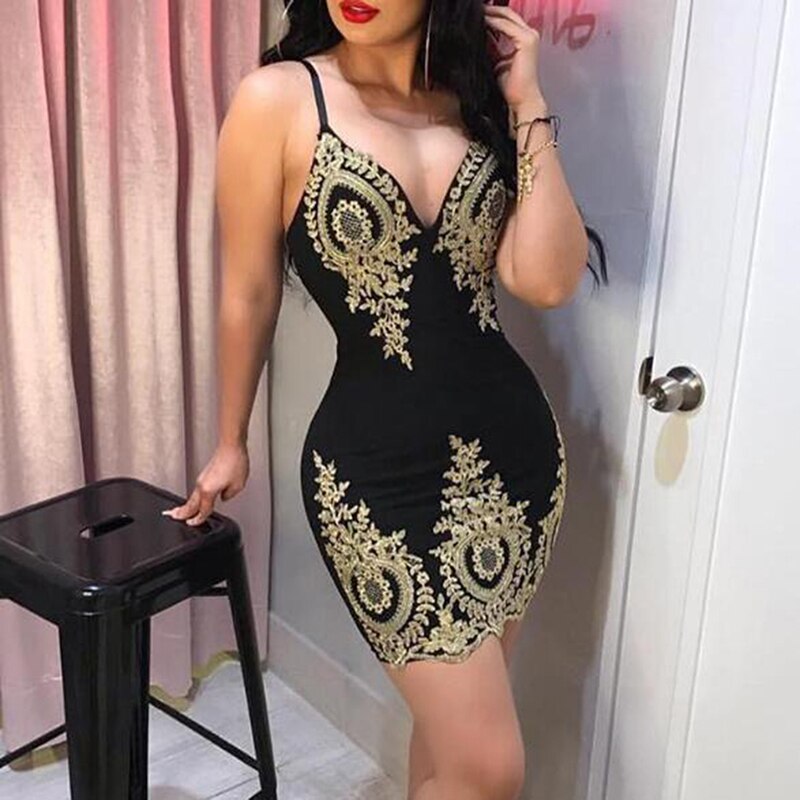 2022 New Womens Slim Print Fashion Sling Spaghetti Bodycon Lace Strappy Ladies Evening Party Mini Short Dress Size S-XL V Neck - Canlaa