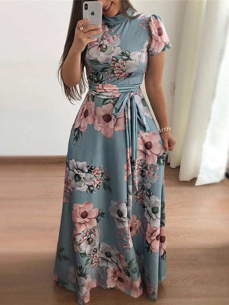 Women Summer Long Dress 2022 Casual Long Sleeve Boho Floral Print Maxi Dress Turtleneck Bandage Elegant Party Dresses Vestidos - Canlaa