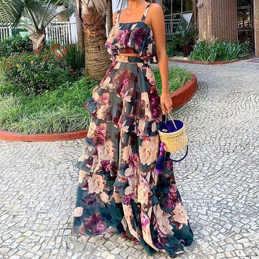 Women Summer Sexy Cake Skirt Sling Crop Top+Maxi Long Skirt Casual Floral Printed Ruffled High Waist Two Piece Set 2022 New - Canlaa