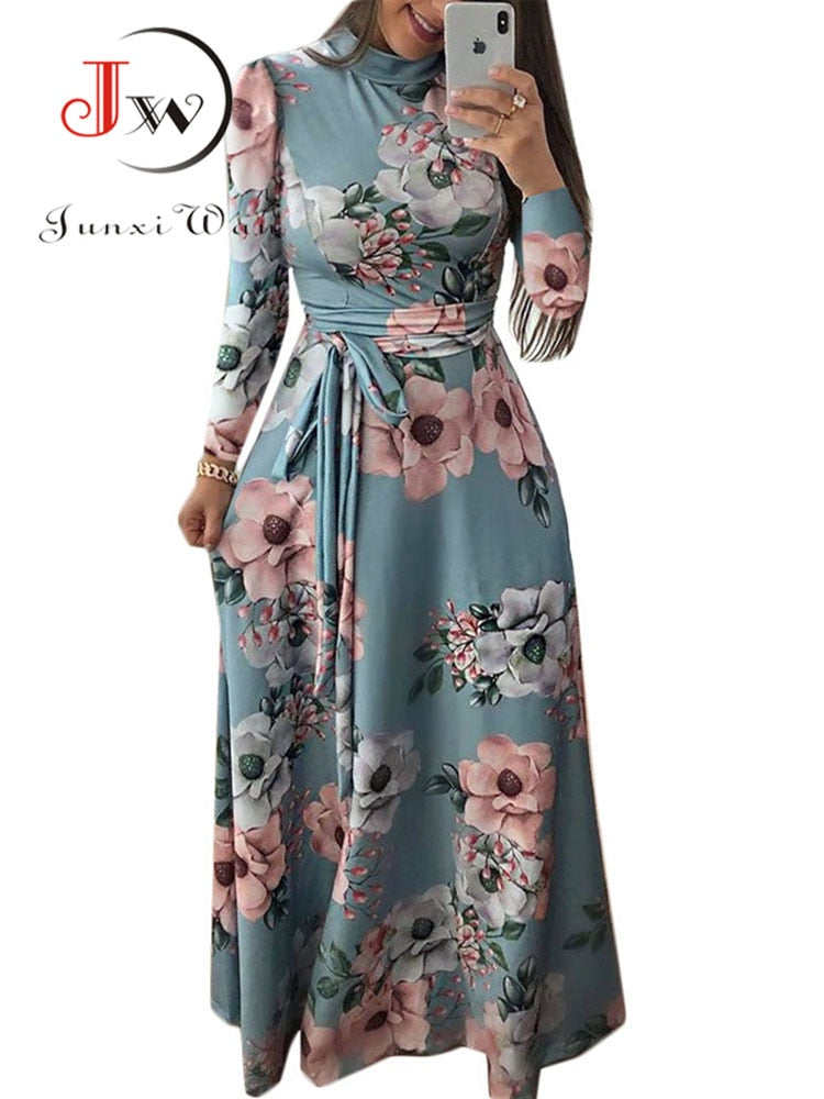 Women Summer Long Dress 2022 Casual Long Sleeve Boho Floral Print Maxi Dress Turtleneck Bandage Elegant Party Dresses Vestidos - Canlaa