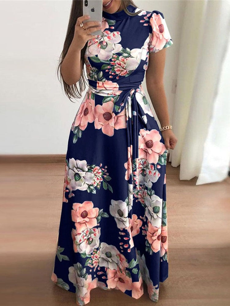 Women Summer Long Dress 2022 Casual Long Sleeve Boho Floral Print Maxi Dress Turtleneck Bandage Elegant Party Dresses Vestidos - Canlaa