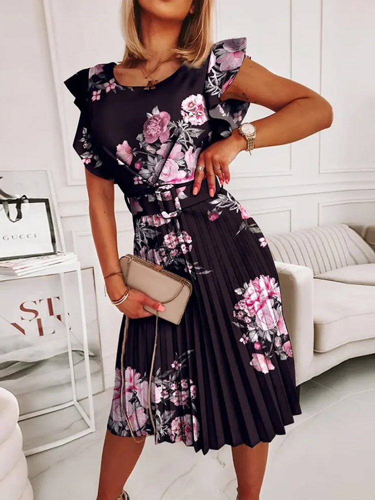 Floral Print Flutter Sleeve Pleated Work Dress with Belt - Canlaa