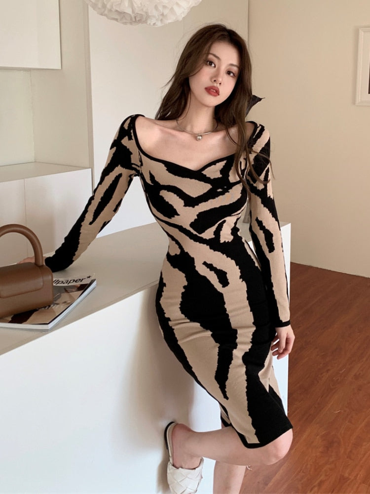 Winter Women Abstract Colorful Print Knitting Dresses Sexy Slim Tiger Stripe High Stretch Autumn Knitted Sweater Pencil Dress - Canlaa