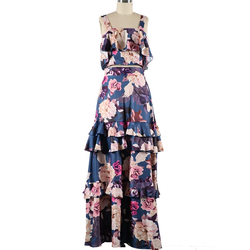 Women Summer Sexy Cake Skirt Sling Crop Top+Maxi Long Skirt Casual Floral Printed Ruffled High Waist Two Piece Set 2022 New - Canlaa