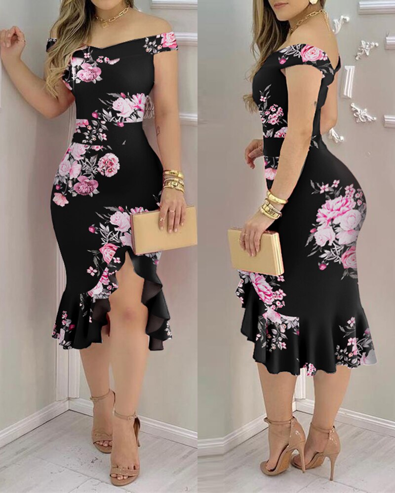 2023 New Spring Fall Women Elegant Floral Patter Sheer Mesh Slit Bodycon Dress Femme Ruff Hem Cut Out Party Robes Skinny Vestido - Canlaa