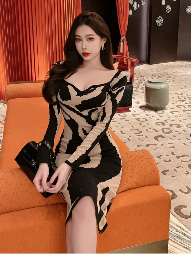 Winter Women Abstract Colorful Print Knitting Dresses Sexy Slim Tiger Stripe High Stretch Autumn Knitted Sweater Pencil Dress - Canlaa