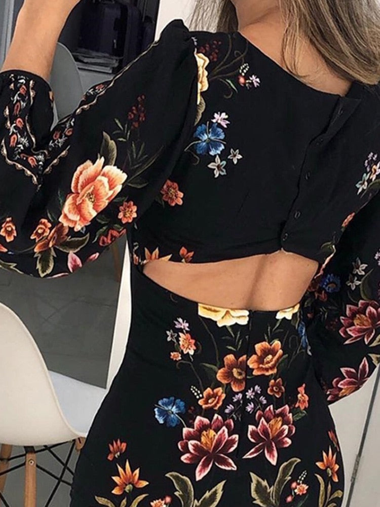 Women Cutout Back Bishop Sleeve Floral Bodycon Dress Ladies Printed Summer Holiday Skinny Mini Dress Robe De Femme Streetwear - Canlaa