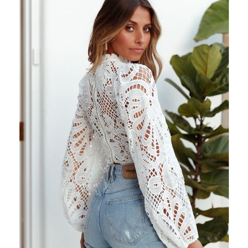 Elegant Women&#39;s Long Sleeve Lace Blouses Tops White Crochet Hollow Out Turtleneck Stylish Cropped Shirts Female Pullovers 16296 - Canlaa