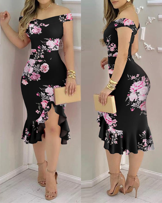 2023 New Spring Fall Women Elegant Floral Patter Sheer Mesh Slit Bodycon Dress Femme Ruff Hem Cut Out Party Robes Skinny Vestido - Canlaa