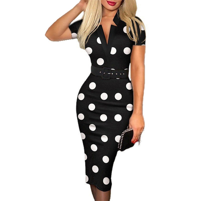 Fashion Polka Dot Print Bodycon Dresses for Women V-Cut Long Sleeve High Waist Office Work Dress Elegant Party Clothes With Belt - Canlaa