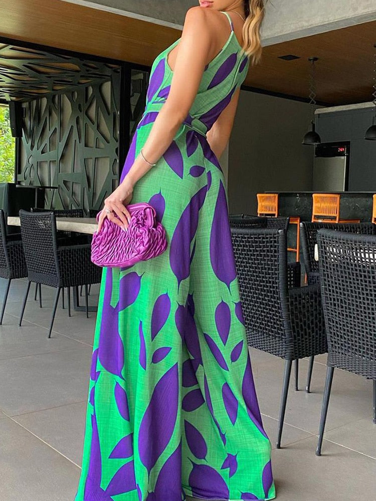 Halter Graphic Print Wide Leg Jumpsuit With Belt - Canlaa