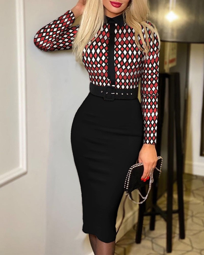 Fashion Polka Dot Print Bodycon Dresses for Women V-Cut Long Sleeve High Waist Office Work Dress Elegant Party Clothes With Belt - Canlaa