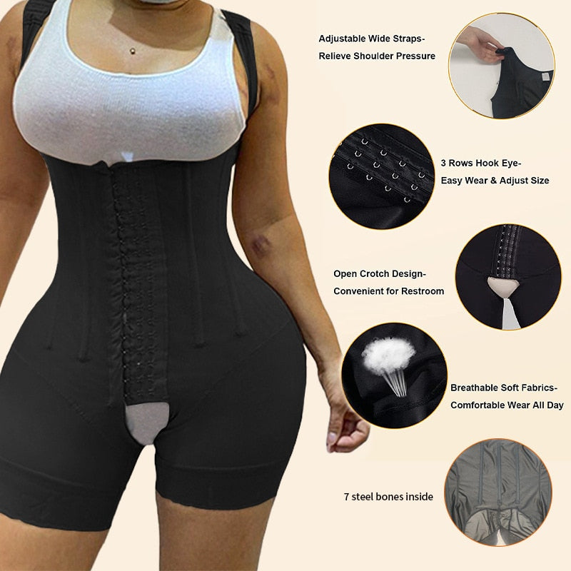 Fajas Colombianas Reductoras Shapewear Bodysuit Hook Eye Closure Tummy Control Adjustable Crotch Open Bust Gaine Amincissante - Canlaa