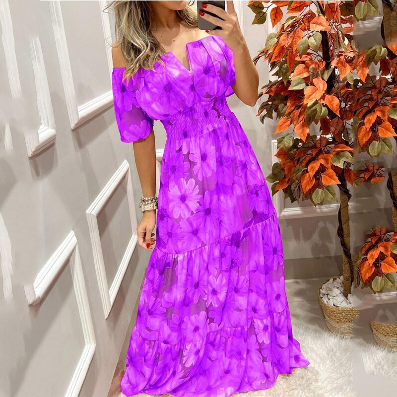 Ellafads Women Summer Dress One Shoulder Floral Print V Neck Short Sleeve Elegant Style Long Shirt High Streetwear - Canlaa