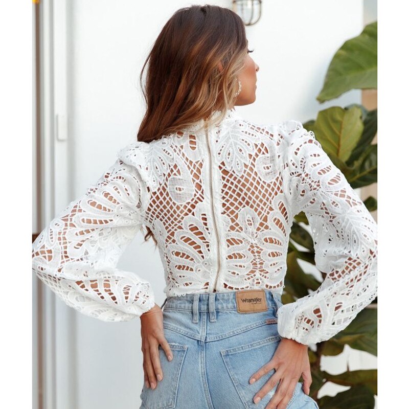 Elegant Women&#39;s Long Sleeve Lace Blouses Tops White Crochet Hollow Out Turtleneck Stylish Cropped Shirts Female Pullovers 16296 - Canlaa