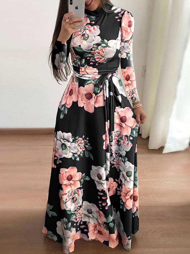 Women Summer Long Dress 2022 Casual Long Sleeve Boho Floral Print Maxi Dress Turtleneck Bandage Elegant Party Dresses Vestidos - Canlaa