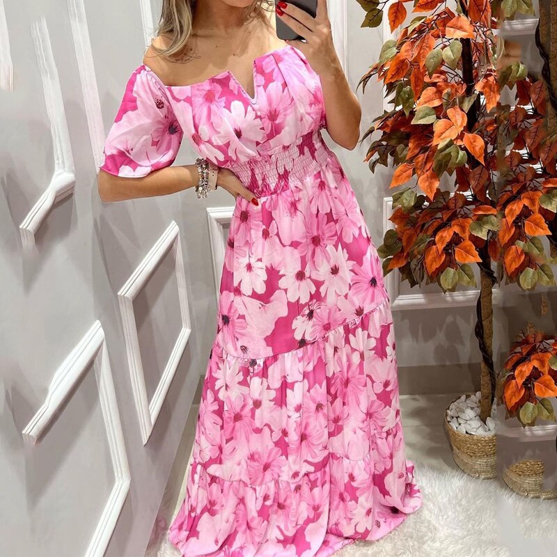 Ellafads Women Summer Dress One Shoulder Floral Print V Neck Short Sleeve Elegant Style Long Shirt High Streetwear - Canlaa